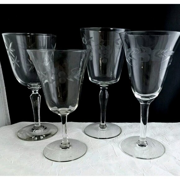 Mismatched Wine Glassware Collection set/4 vintage etched mixed cocktail glasses - Picture 1 of 7